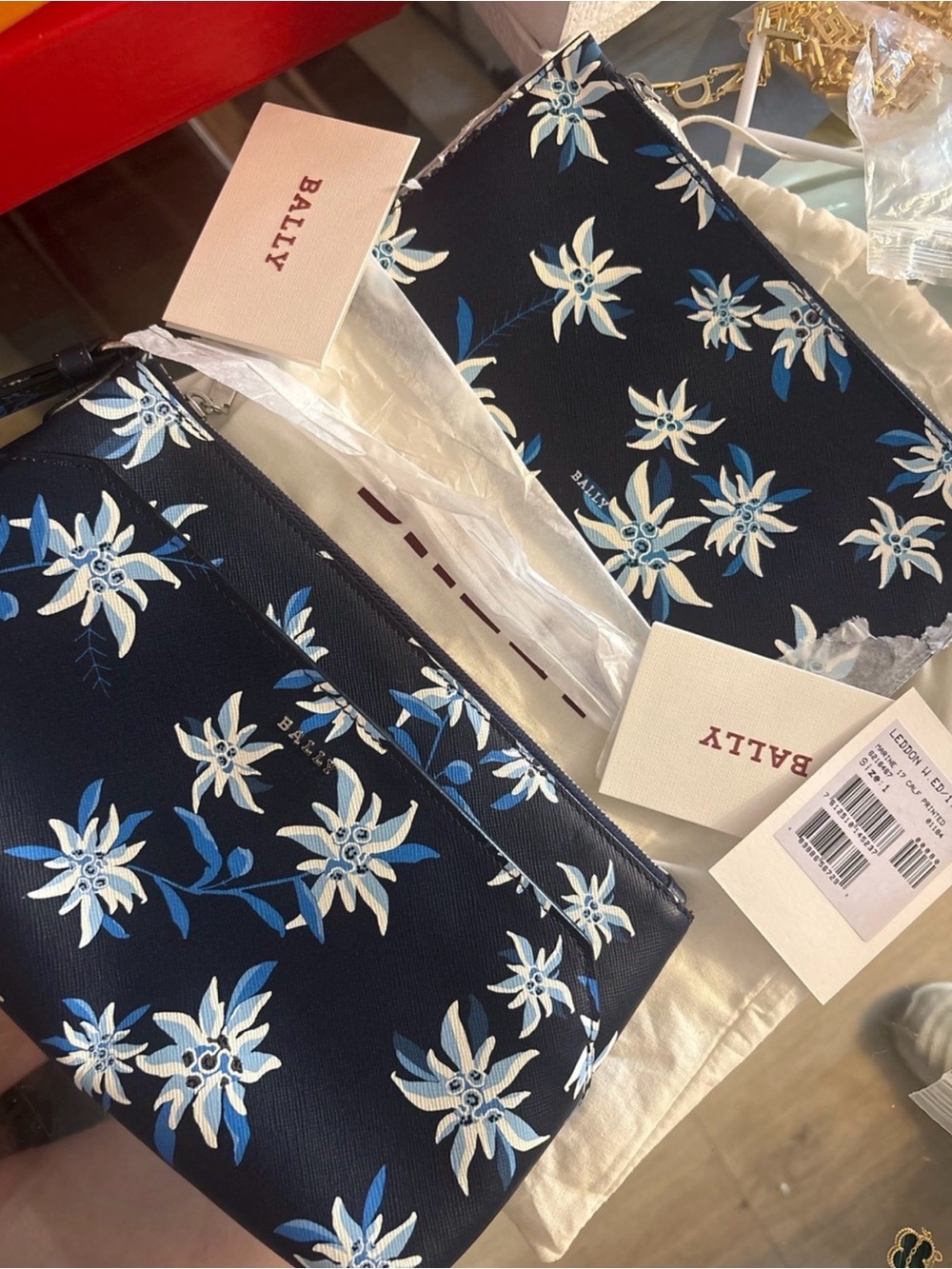 Bally Navy Floral Wristlet Pouch with Blue & White Flowers